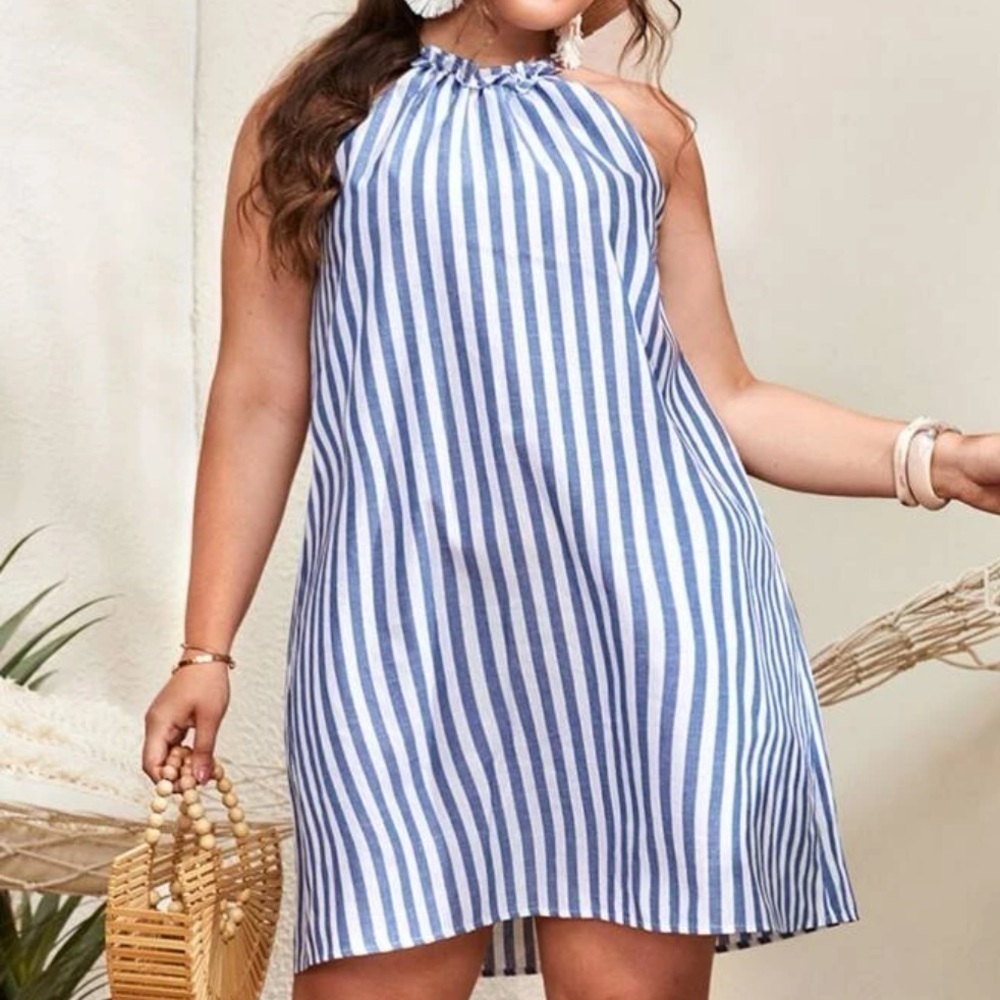 Striped Keyhole Back Frill Dress.